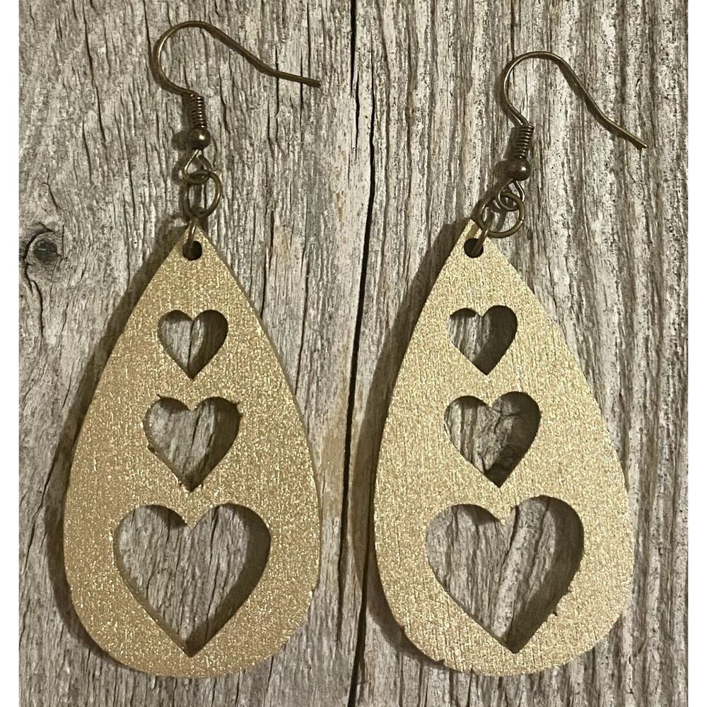 Wood Earrings - 2" x 1.14" Triple Heart Teardrop - Old Gold - E008-07